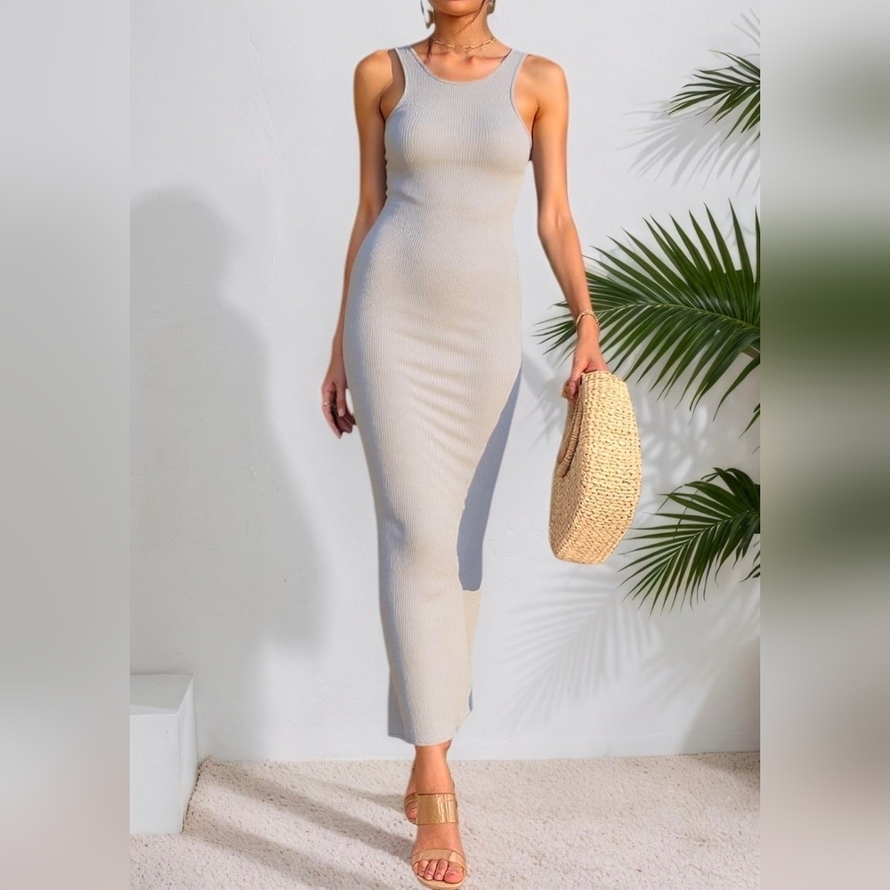 Grey Ribbed High Neck Sleeveless Bodycon Maxi Dress, Small
